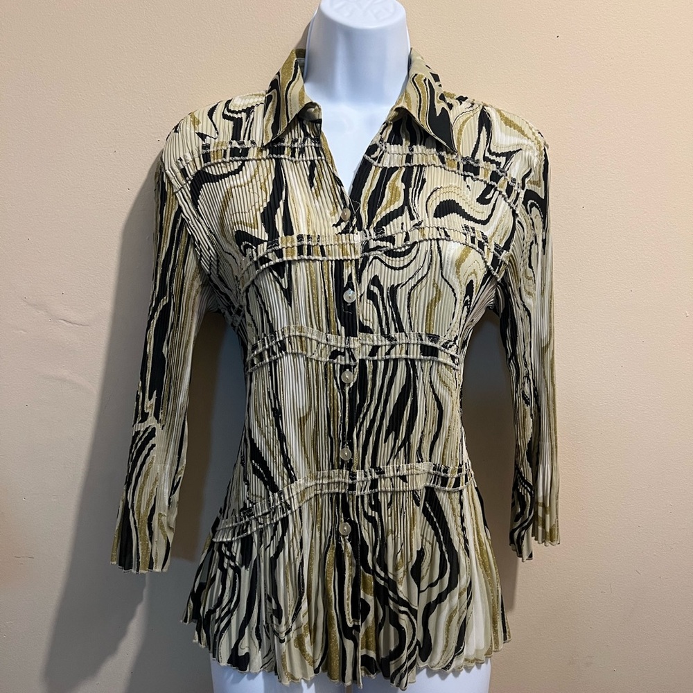 Button-down blouse, pleated, abstract print, beige, cream black, light olive, LS
